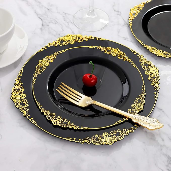 Hioasis 175pcs Black and Gold Plates - Black Party Plates for 25 Guest, Include 50 Heavy-duty Plates(20% Thicker Than Standard), 75 Cutlery Set, 25 Napkin, 25 Cups