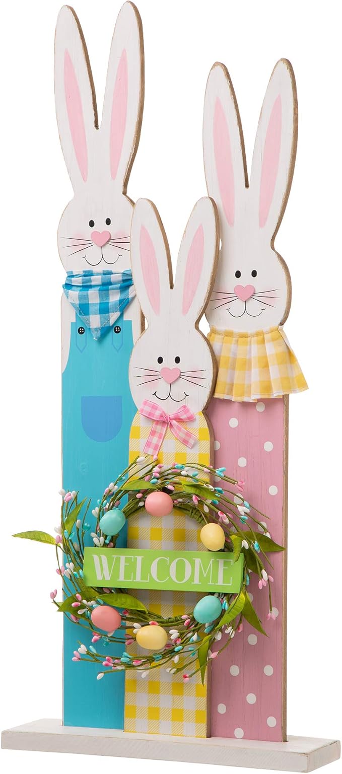 Glitzhome 30" H Easter Wooden Bunny Family Standing Porch Sign, Easter Welcome Sign Decorations for Home or Yard