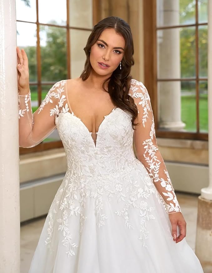 Plus Size Wedding Dresses for Bride Long Sleeve Wedding Bridal Gowns with Lace Appliques Off Shoulder Bride Dress