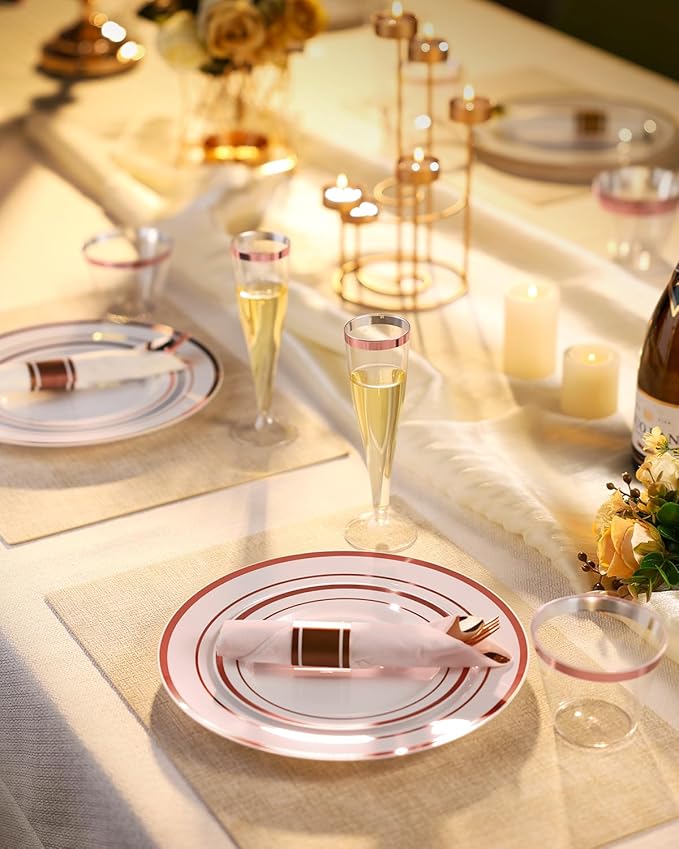 Goodluck 320PCS Rose Gold Disposable Plastic Dinnerware Set for 40Guests, Include 40 Dinner Plates, 40 Dessert Plates, 40 Napkins with Silverware, 40 Cups, 40 Champagne Glasses, for Christmas, Wedding