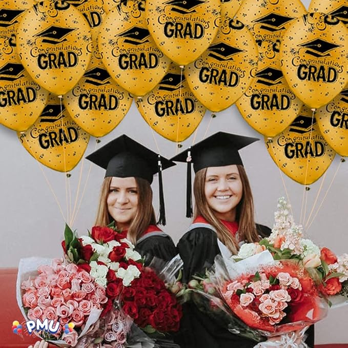 PMU 100 Pcs Gold Graduation Balloons Class of 2025 with All-Over Print White Grad Caps-Confetti and Streamers | Graduation Party Supplies | Congratulations Grad Latex Balloons Latex