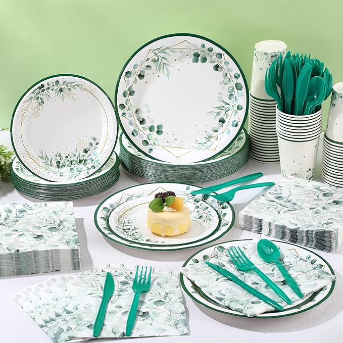 400 Pcs Sage Green Color Party Supplies Serve 50 Guests Eucalyptus Flowers Disposable Paper Plates Napkins and Cups for Bridal Baby Shower Birthday Wedding Party Decorations(Fresh)