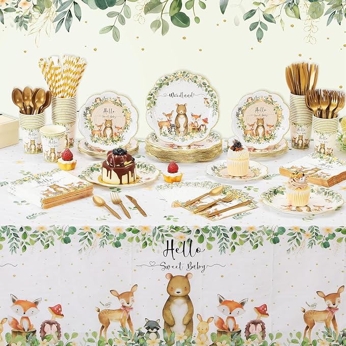452 Pcs Woodland Baby Shower Decorations for 50 Guests, Forest Animals Woodland Paper Plates Napkins Cups Tablecloth Cutlery Straws for Neutral Forest Animal Baby Shower Party Supplies