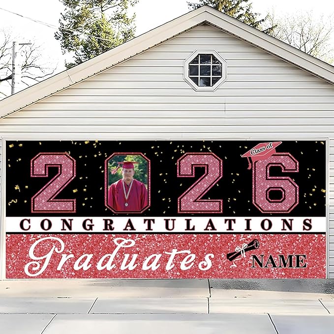 Custom Photo Graduation Garage Door Banner Personalized 2026 Grad Banner 7x16ft Porch Door Sign Decoration Outdoor Photo Booth Backdrop Party Supplies(Rose Gold Pink)
