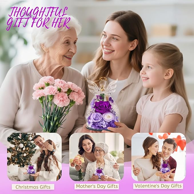 Gifts for Women, Valentines Day Decorations Flowers for Delivery Fresh Bouquet Forever Preserved Flowers Real Rose Angel Figurine Glass, Xmas Decor Gifts for Mom Grandma Wife Sister, Purple