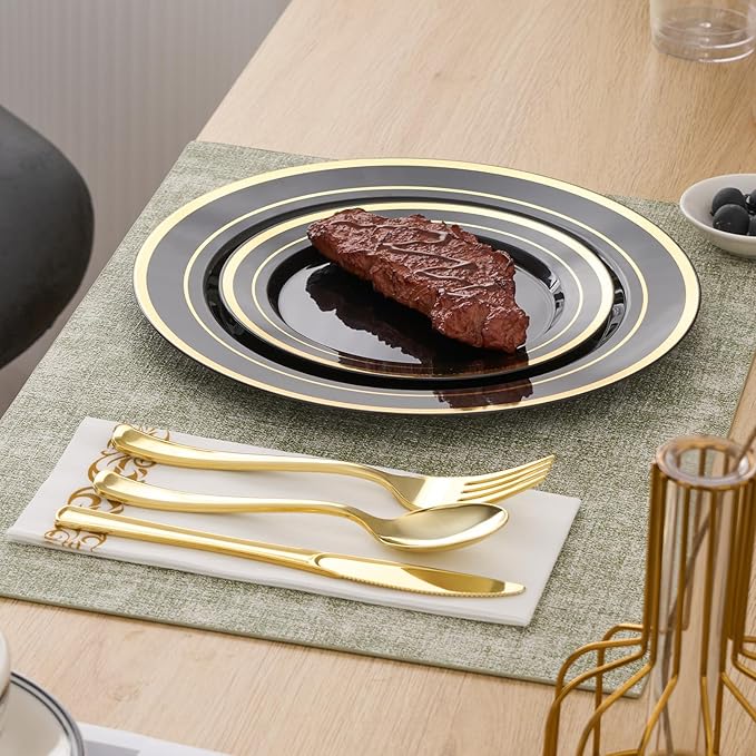 350 Pieces Black & Gold Disposable Plates for 50 Guests, Disposable Plastic Plates, Dinnerware Set of 50 Dinner Plates, 50 Salad Plates,50 Cups and 50 Paper Napkins, for Party, Wedding