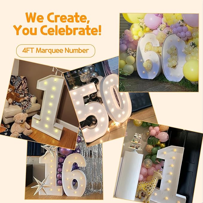 Marquee Numbers 4 Feet Tall Large Light Up Numbers 4th 14th 24th Four Ever Sweet Birthday Decorations Big Yellow Light Outdoor Anniversary Decorations Balloon Arch Kit Party Backdrop 4