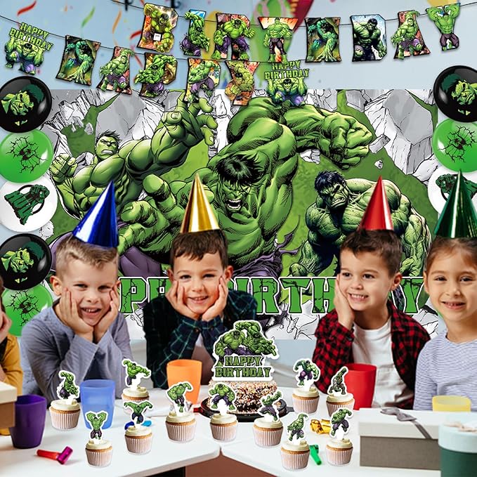 42pcs Hulks Birthday Party Supplies Pack Includes,Banner,Cake Topper,Blackdrop,Balloons for Hulks party Decoration