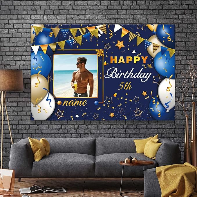 Custom Navy Blue and Gold Happy Birthday Sign Birthday Party Decorations Supplies Personalized Navy Blue Backdrop Banner (5x7.5ft)