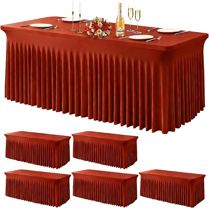 Wish Care 6 Pack Rust Spandex Table Clothes for 8 Foot Rectangle Tables, 8FT Wrinkle Free Fitted Tablecloths Ruffles Design Table Cloth for Party, Banquet, Wedding and Events