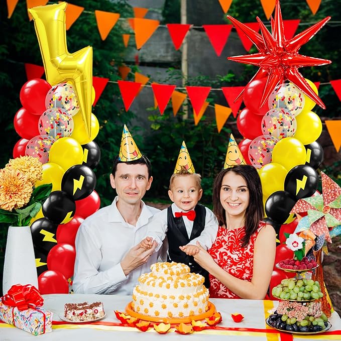 Kasyat 2 Set Cartoon Theme Balloon Column Stand Kit with Lightning Explosion Star Foil Balloons Black Red Yellow Arch Garland Kit for Cartoon Baby Shower Birthday Party Supplies