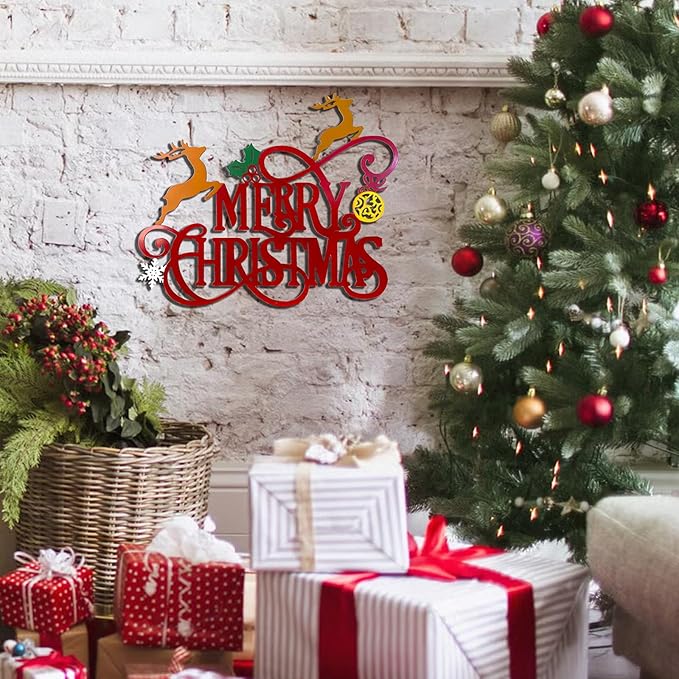 Metal Merry Christmas Wall Decor Christmas Sign Letter Decorative Hanging Plaque Suitable For Indoor Outdoor Room Yard Holiday Decoration