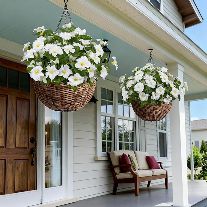 19 Inch Artificial Fake Flowers for Outdoor,4 Pcs Faux Silk Petunias Spring Flowers for Outside for Indoor Porch Planter Front Door Garden Patio Window Box Home Decor(White)