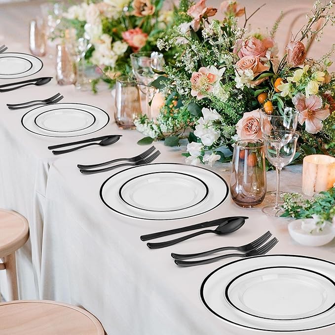 BESTSTAR 100PCS Black and Clear Plastic Plates, Black Disposable Plate Set with 50 Dinner Plates and 50 Dessert Plates for Party, Halloween, New year