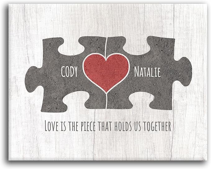 Personal-Prints LOVE PUZZLE - GRAY | Personalized Romantic Canvas Art Gift with Your Names | Custom for Valentine’s Day or Wedding Anniversary (16"x20" Stretched Canvas)