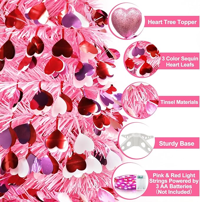 Valentines Day Decorations 5Ft Pink Valentines Christmas Tree with Lights Timer Battery Operated Pop Up Artificial Tree with Heart Ornaments, Heart Topper Decorations for Indoor Home Outdoor Office