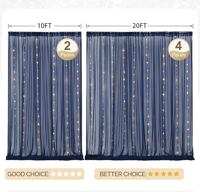 20x10ft Navy Blue Tulle Backdrop Curtain with Lights String for Parites, Sheer Photo Backdrop Curtains with Lights for Wedding Backdrop Ceremony Reception Bridal Shower Baby Shower Birthday Party