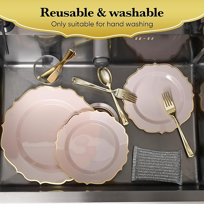 350 PCS Pink Disposable Plates, Scalloped Dinnerware Set for 50 Guests, 100 Plastic Plates, 150 Silverware, 50 Cups & 50 Paper Napkins, Pink
