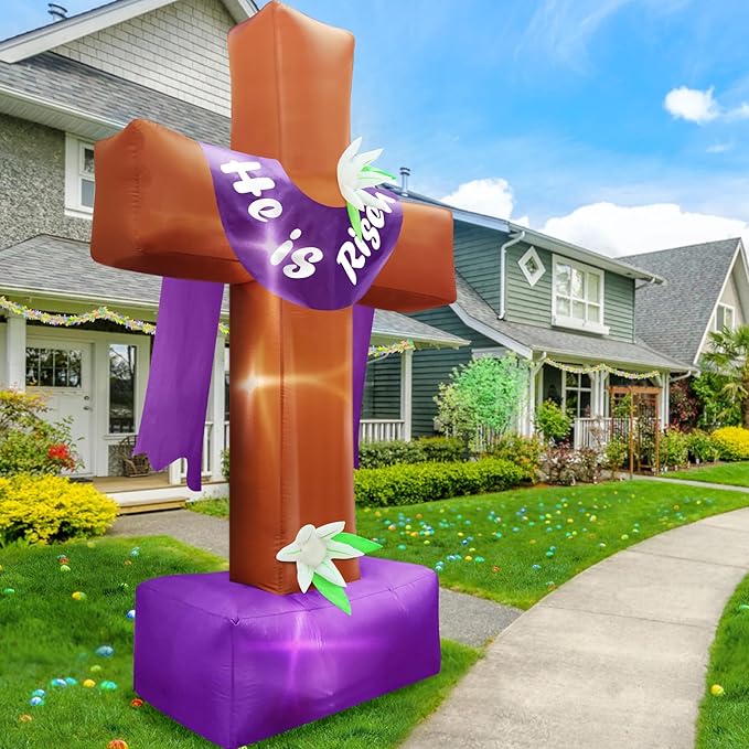 8 Ft Easter Inflatable Cross Outdoor Decoration, Blow Up He is Risen Yard Decorations with Built-in LED Lights Easter Party Decor Yard Garden Lawn Indoor Outdoor Home
