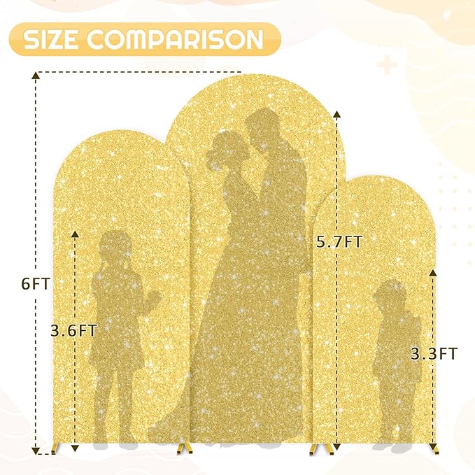 FUHSY Gold Arch Cover Set of 3 Sequin Backdrop Cover Chiara Spandex Cover for Arch Glitter Wedding Arch Covers Stretchy Backdrop Fabric for Birthday Party Balloon Arched Stand Decor 4ft 5ft 6ft
