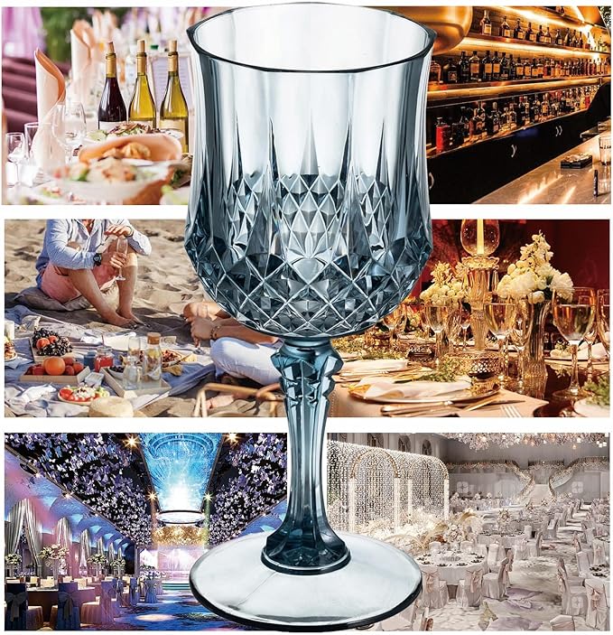7OZ Plastic Wine Glasses, 10Pcs Blue Reusable Drinking Cups Vintage Champagne Flutes, Plastic Crystal Water Goblets for Parties Stemmed Shatterproof Drinking Glasses for Wedding, Toasting Party