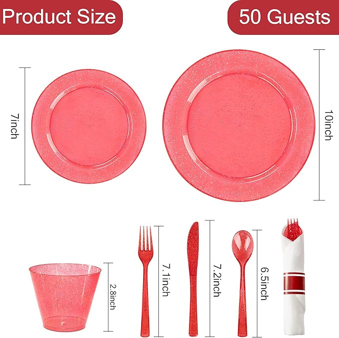 DaYammi 350 Pieces Red Glitter Dinnerware Set 50 Guest for Party- 50 Dinner Plates, 50 Dessert Plates -50 Per Rolled Napkins with Red Cutlery - 50 Disposable Cups 9 OZ