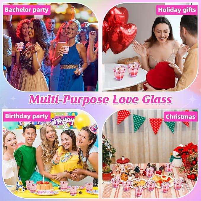 Sabary Valentine's Day Heart Shot Glasses Bulk, 36 Pack 1.5 oz Thick Glass Pink Shot Glasses for Valentine Galentine Party Supplies, Party Favors, Table Decor