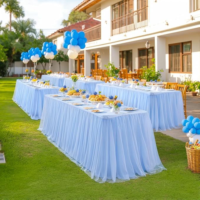 6ft Baby Blue Tulle Tablecloths for Rectangle Tables Light Blue Table Cloths Rectangle Wrinkle Free Stretch 6 Foot Table Cover with Tutu Skirt for Baby Shower Boy Birthday Party Banquet Buffet Cake