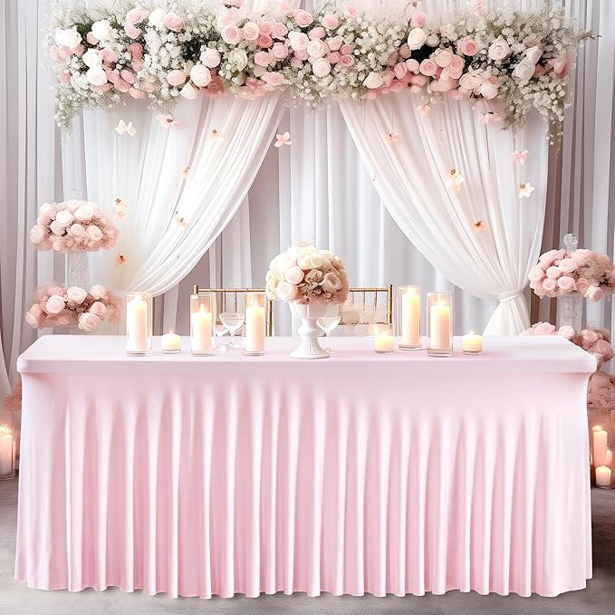 Wish Care 2 Pack Pink Spandex Table Clothes for 8 Foot Rectangle Tables, 8FT Wrinkle Free Fitted Tablecloths Ruffles Design Table Cover for Party, Banquet, Wedding and Events