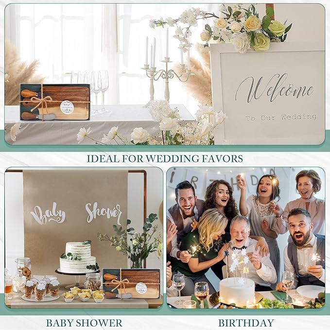 18 Set Bridal Baby Shower Cheese Prizes Wooden Square Board Gift Set Knives Forks Thank You Tags with Box for Guests for Valentines Bridal Baby Shower Housewarming Gifts (Acacia Color)