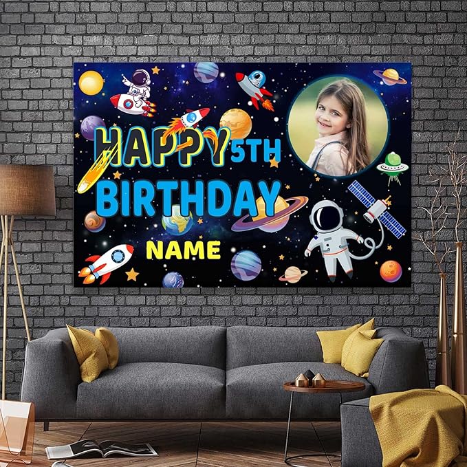 Custom Space Galaxy Astronaut Happy Birthday Party Decorations Supplies Personalized Outer Space Galaxy Astronaut Planet Birthday Backdrop Banner(5x7.5ft)
