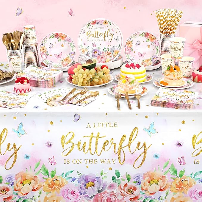 452 Pcs Floral Butterfly Baby Shower Decorations, a Little Butterfly Is on the Way Paper Plates Napkins Cups Tablecloth Cutlery Straws for Summer Floral Baby Shower Party Supplies