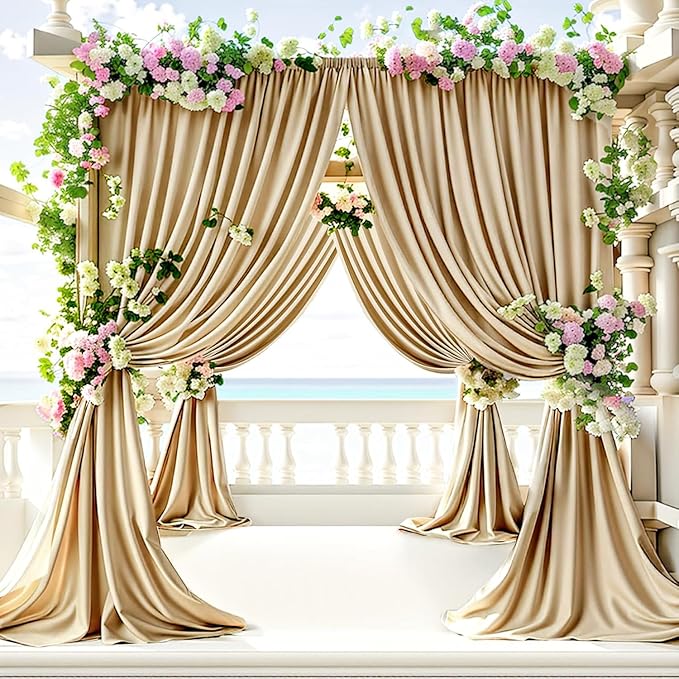 30ft x 10ft Wrinkle Free Beige Backdrop Curtains for Parties Weddings, 6 Panels 5×10ft Soft Silk Polyester Photo Backdrop Drapes for Birthday Baby Shower Baptism Photo Photography Background Cloth