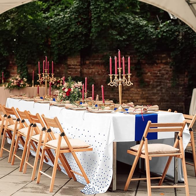 16Pack Disposable Plastic Tablecloths and Satin Table Runner Set White and Blue Dot Tablecloth Blue Satin Table Runner for Wedding Birthday Baby Shower Anniversary Christmas New Year Party Supplies