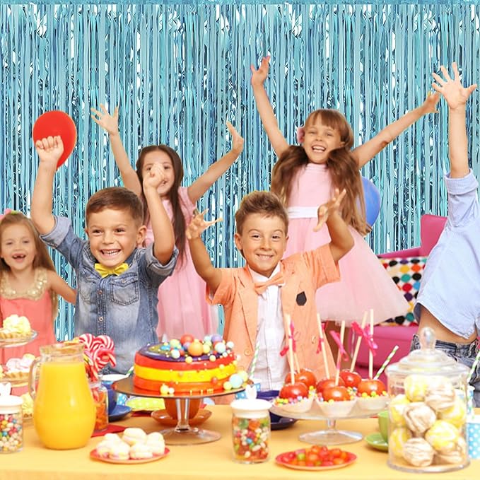 Blue Foil Fringe Curtains 50 Pack 3.2ft x 8.2ft Fringe Backdrop Curtains Metallic Tinsel Streamer Photo Backdrop for Birthday Party Decorations Halloween Christmas Party Supply (Light Blue)