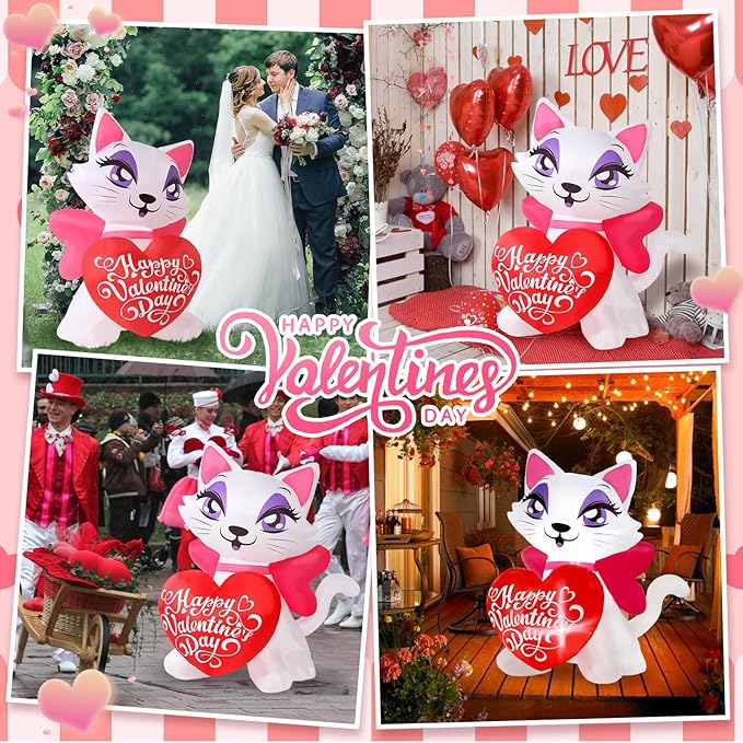 4 FT Valentines Inflatable Outdoor Decorations, Blow up Valentine's Day Cat Yard Decor with Love Heart, Built-in LED Lights Wedding Kitty Holiday Decoration for Lawn Garden Wedding Indoor