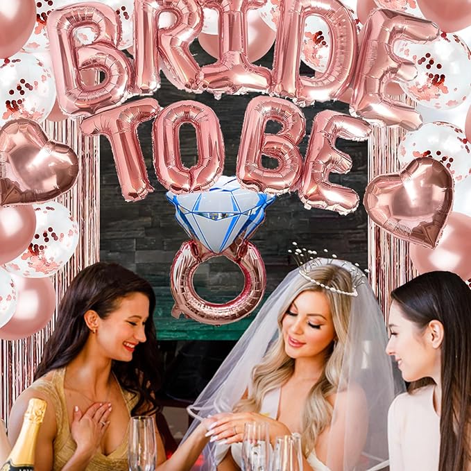 224 Pcs Rose Gold Bachelorette Party Decorations for Bride, Bridal Shower Party Supplies Set with "Bride To Be" Banner, Veil, Tiara, Sash, Balloons, Tableware and Photo Props