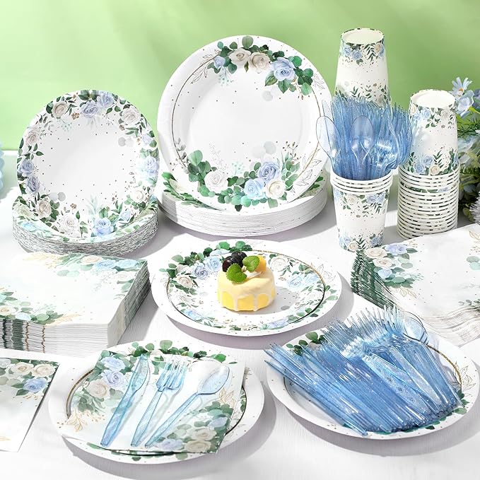 400 Pcs Sage Green Color Party Supplies Serve 50 Guests Eucalyptus Flowers Disposable Paper Plates Napkins and Cups for Bridal Baby Shower Birthday Wedding Party Decorations (Chic)