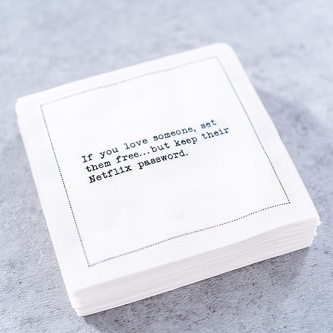 Five Star Funny Realationship Quotes | White Cotton Cocktail Napkins | 50 Luxury Disposable Beverage Napkins with Witty Bar Quotes | Drink Napkins for Parties, Bars, Weddings & Game Nights