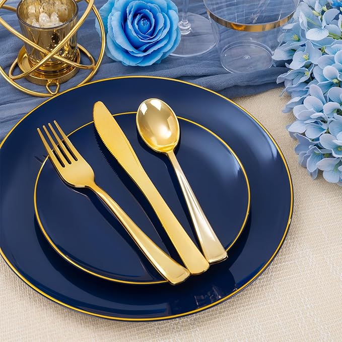 NOCCUR 350PCS Navy Blue Plastic Plates - Blue Disposable Dinnerware Set for 50 Guests, 100 Dinner/Dessert Plates, 150 Gold Silverware, 50 Cups&50 Napkins for Party/Wedding/Hanukkah