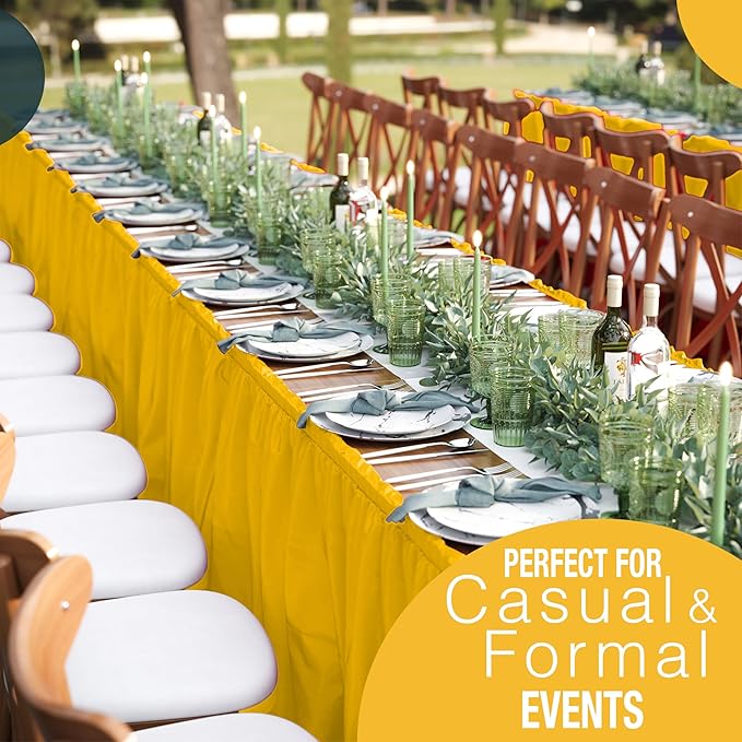 Exquisite Ruffle Table Skirt Yellow 12 Pack 14 Ft Long for Rectangle 6ft Plus or Round Tables With Adhesive Strip for Gender Reveal Decor & Happy Birthday Parties