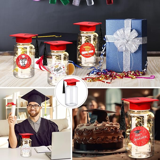 Boao 16 Sets Graduation Table Decoration Set with LED Light up Graduation Decorations for Class of 2026, Grad Jar, Felt Grad Hat and Stickers for High School College(Red)