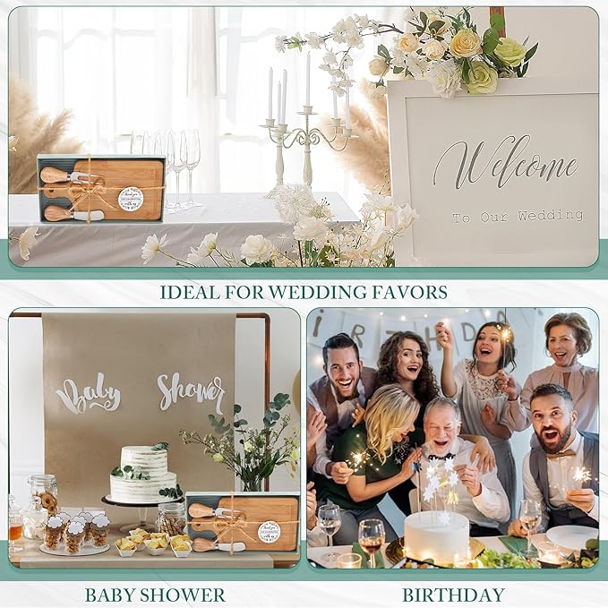 5 Sets Bridal Baby Shower Cheese Prizes Wooden Square Board Gift Set Knives Forks Thank You Tags with Box for Guests for Valentines Bridal Baby Shower Housewarming (Bamboo Color)
