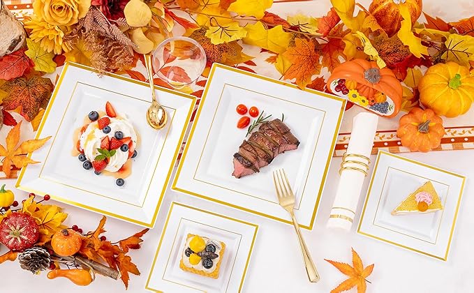 Festiva 350Pcs Gold Plastic Plates - Disposable Square Gold Plates Dinnerware set include 9.5"/6" Plates,Cups,Plastic Cutlery,Hand Napkins Perfect for 50 guests Party&Birthday&Wedding