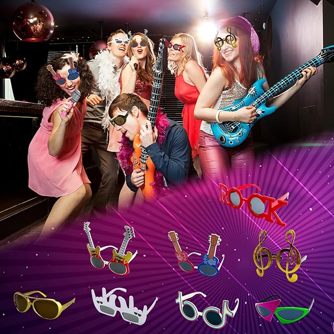 Large Rock Star Funny Sunglasses Set, Rock and Roll Party Funny Music Sunglasses, Inflatable Guitar Microphone for 70s, 80s, 90s, Music Party, Photo Booth Props for Carnival Rock and Roll Party