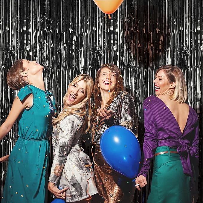 Black Foil Fringe Curtains 50 Pack 3.2ft x 8.2ft Fringe Backdrop Curtains Metallic Tinsel Streamer Photo Backdrop for Birthday Party Decorations Halloween Christmas Party Supply (Black)