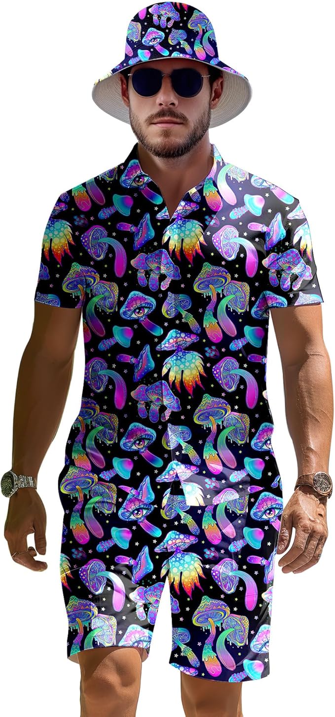 Men's 2 Piece Tracksuit 80s 90s Outfit Button Down 80s Shirts and Shorts Sets with Bucket Hats