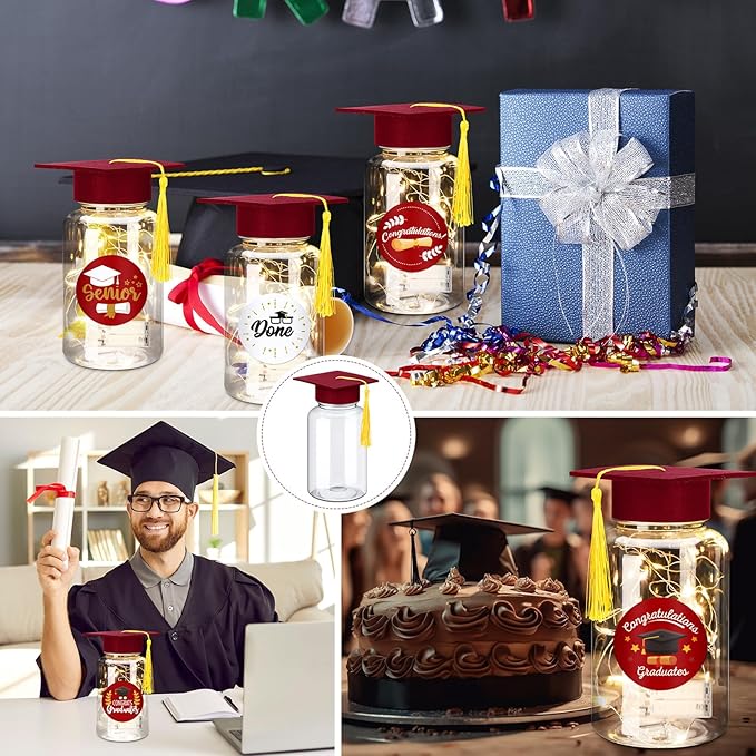 Boao 16 Sets Graduation Table Decoration Set with LED Light up Graduation Decorations for Class of 2026, Grad Jar, Felt Grad Hat and Stickers for High School College(Dark Red)