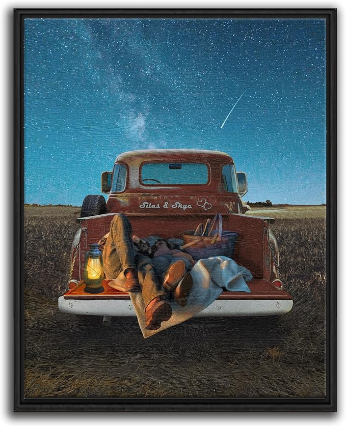 Personal-Prints STARGAZERS | Custom Romantic Wall Art Gift | Personalized With Your Names on the Classic 1954 Chevy | Anniversary, Wedding, Valentine's Day Gift (12"x16" Float Framed Canvas)
