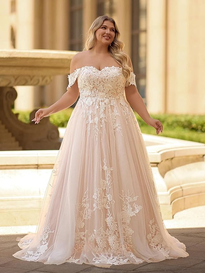 Plus Size Wedding Dresses for Bride Long Sleeve Wedding Bridal Gowns with Lace Appliques Off Shoulder Bride Dress